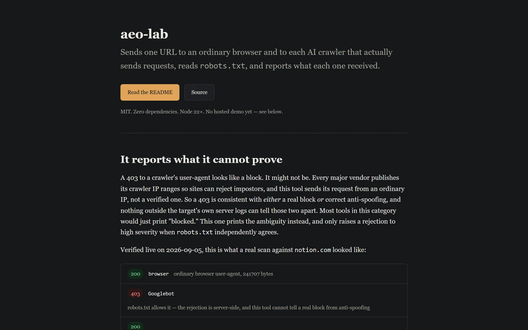 Screenshot of the aeo-lab page showing a real logged scan against notion.com, listing the HTTP status each crawler, including Googlebot, GPTBot and ClaudeBot, received that day.