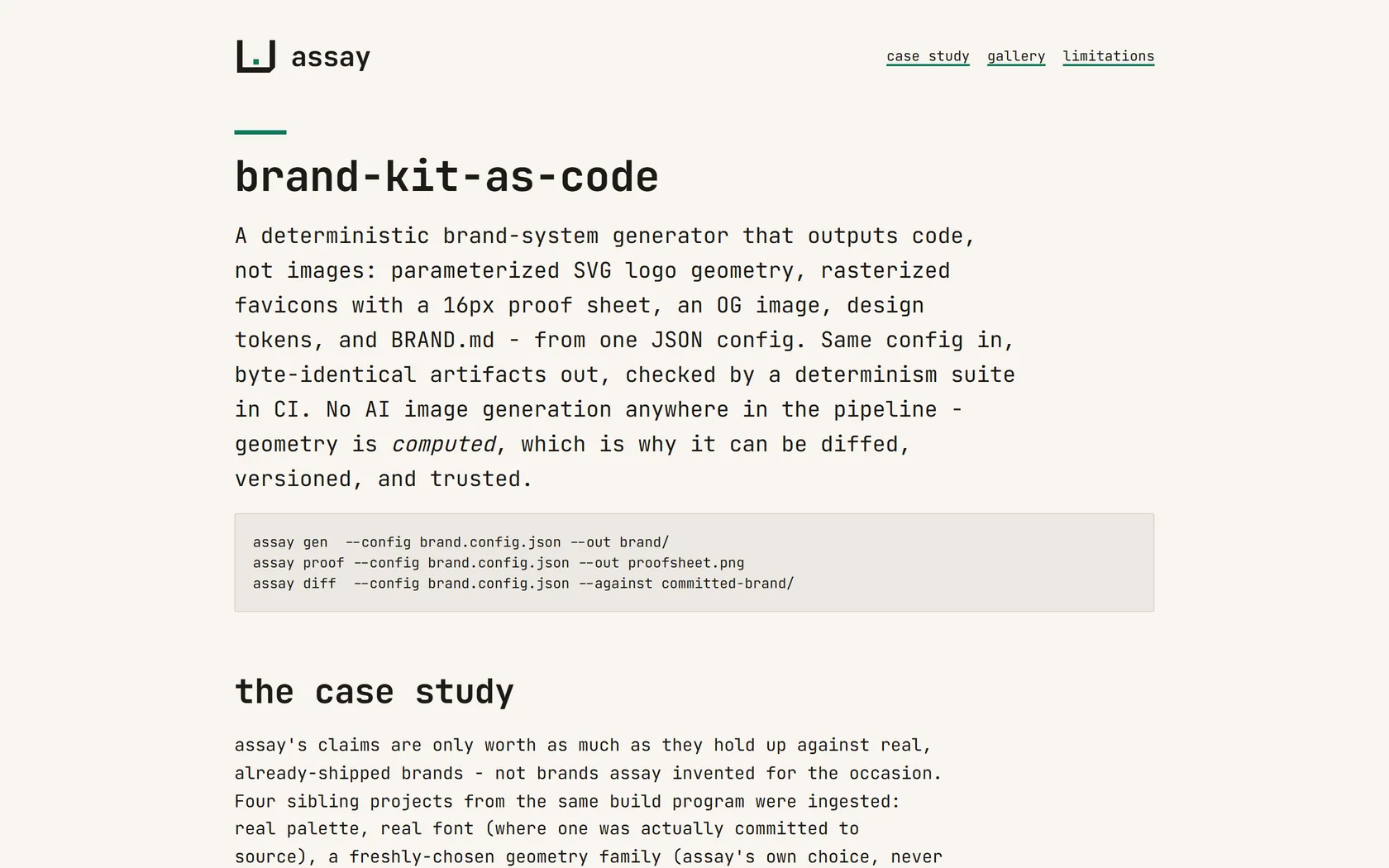 Screenshot of the assay project page describing its deterministic brand-kit generator, showing the three CLI commands (gen, proof, diff) it runs to produce byte-identical brand assets from one JSON config.