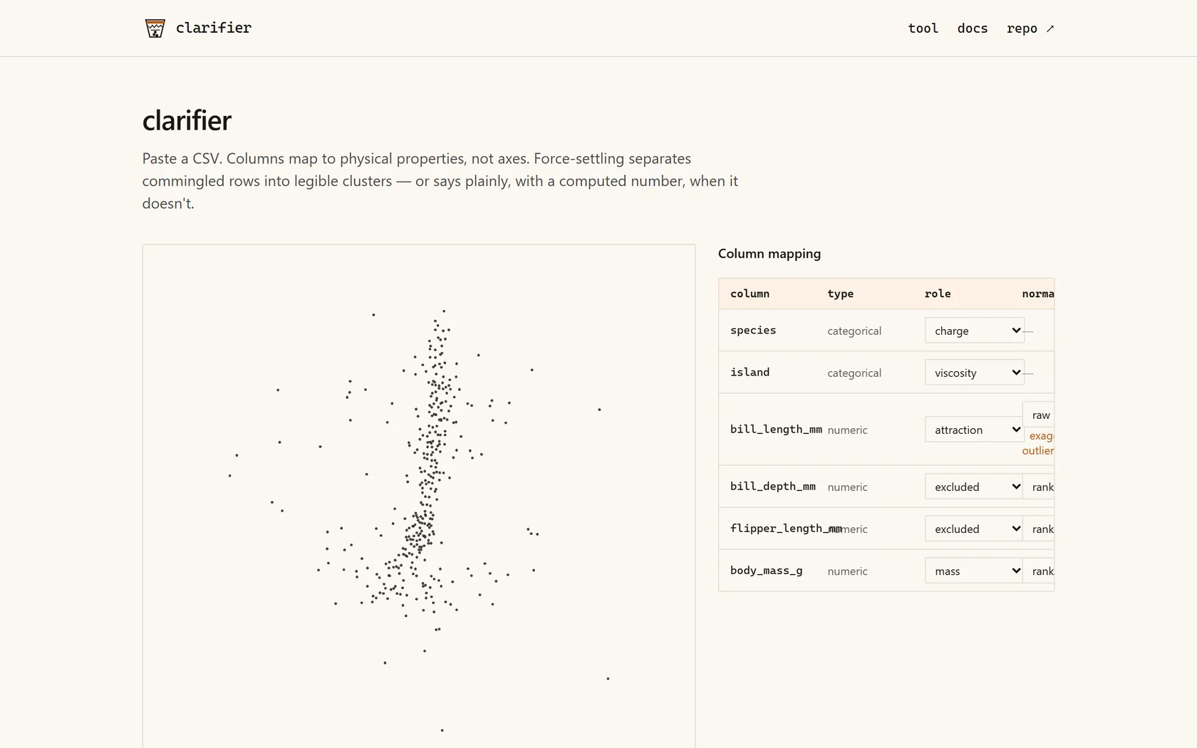 Screenshot of the clarifier tool with a real penguin-measurement dataset plotted as a force-settling point cloud next to its column-mapping table assigning each CSV field a physical role.