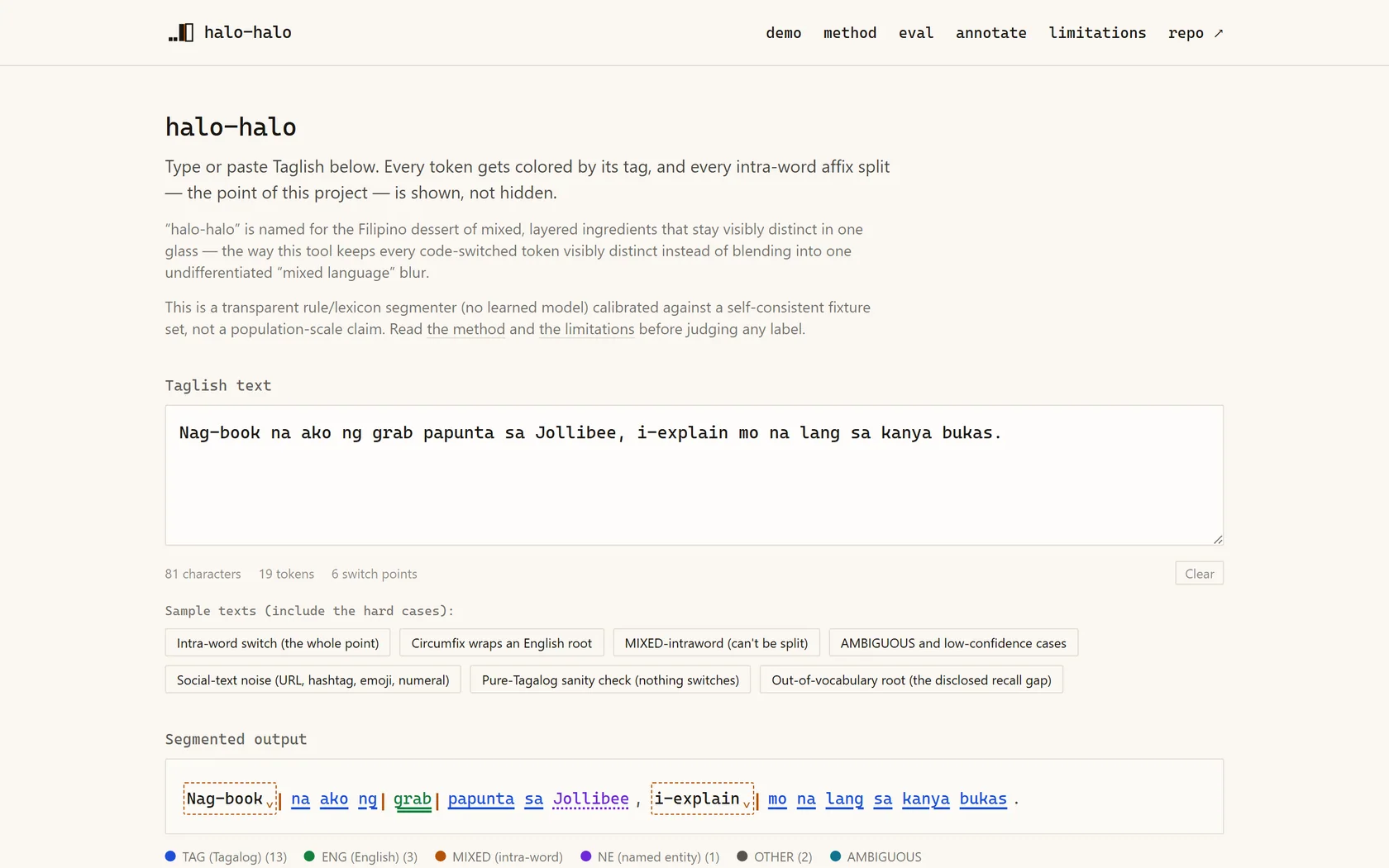 Screenshot of the halo-halo Taglish code-switch segmenter mid-analysis, showing a sample sentence tokenized and colour-tagged by language: Tagalog, English, mixed intra-word, and named entity.