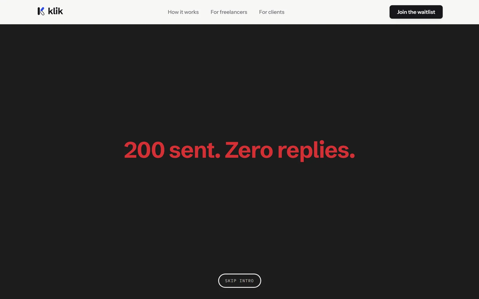 Screenshot of the klik landing page's dark intro screen, headlined “Tired of sending applications?” above a join-the-waitlist button.