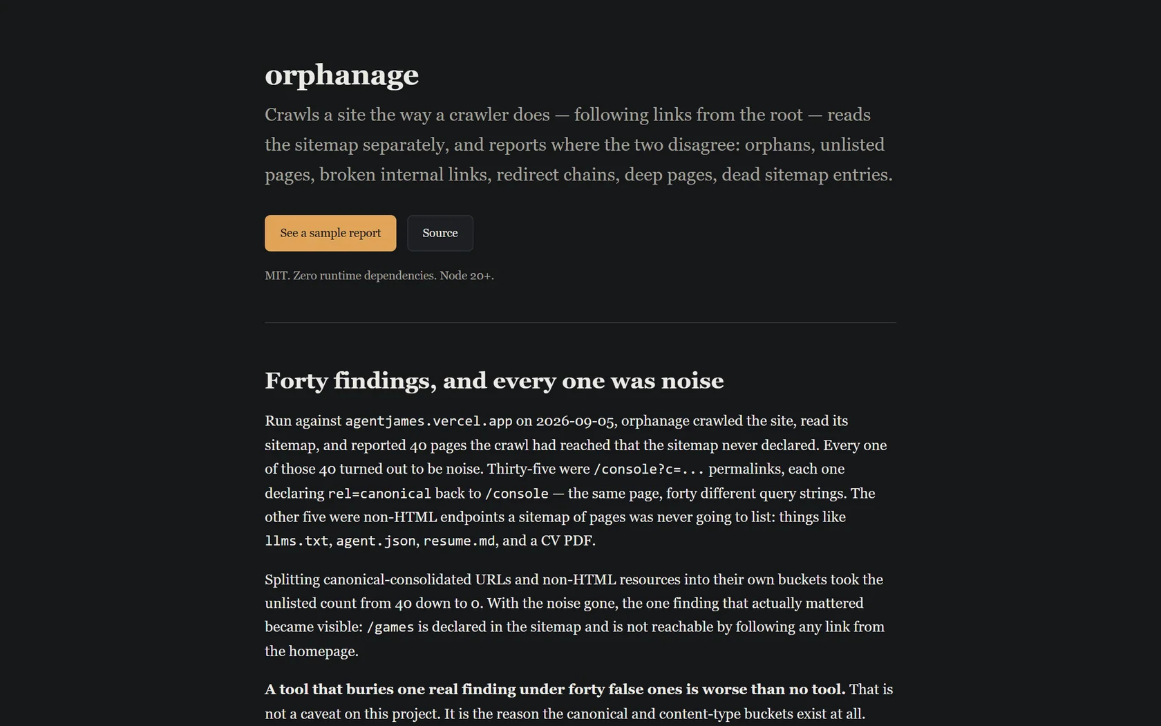 Screenshot of the orphanage crawl report explaining how a re-run against agentjames.vercel.app reduced 40 reported findings down to the one that actually mattered, a /games page missing from the sitemap.