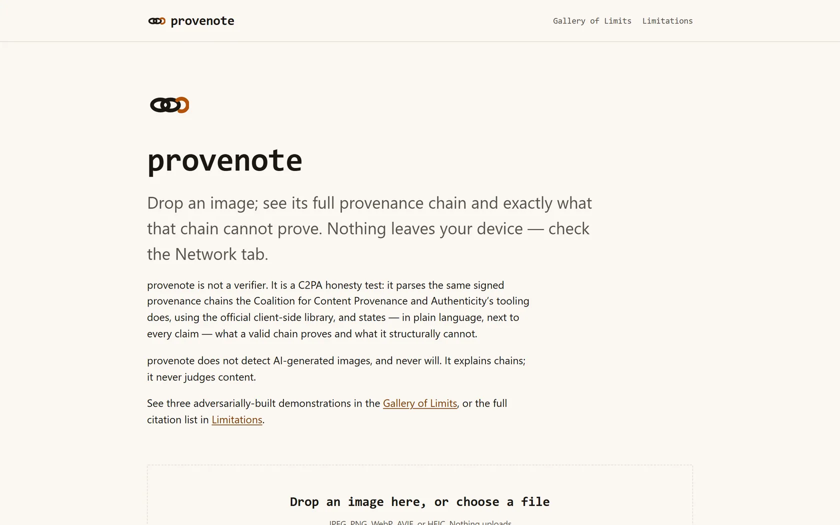 Screenshot of the provenote page explaining its C2PA provenance-chain checker, above the drag-and-drop panel used to inspect an image's signed provenance chain entirely in the browser.