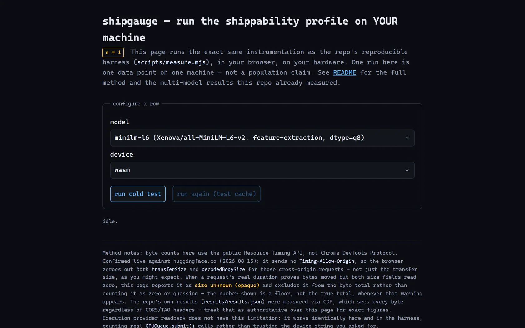 Screenshot of the shipgauge page's dark in-browser benchmark interface, with model and device selectors and a “run cold test” control for measuring shippability on the visitor's own machine.