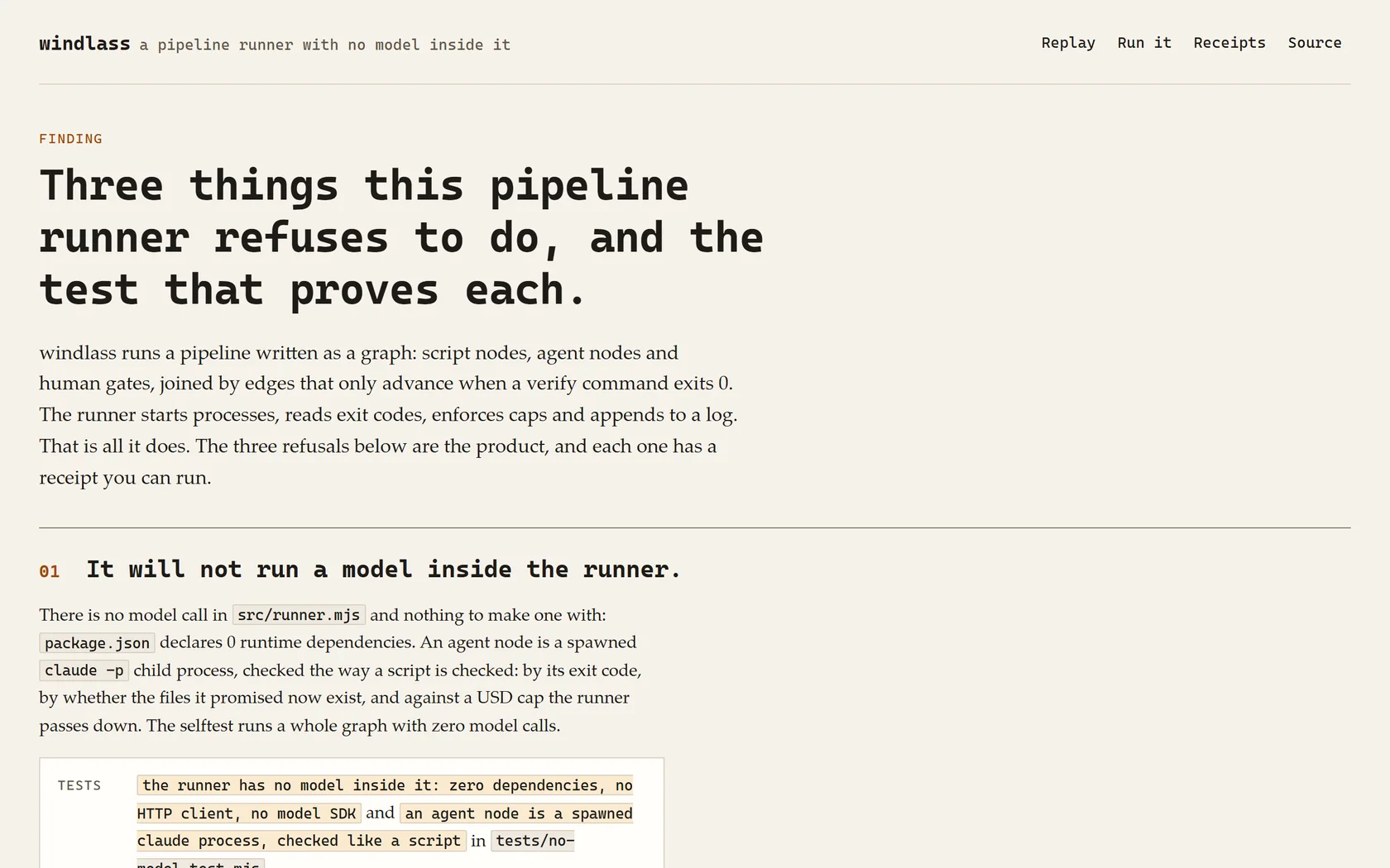 Screenshot of the windlass page headed "Three things this pipeline runner refuses to do, and the test that proves each", with the first refusal, that it will not run a model inside the runner, opened above the code that enforces it.